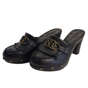 Truflex Clog Shoes Black Leather Studded Brass Chain  Fringed Heels Size 7.5M